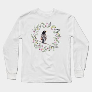 American Robin with whimsical flower wreath Long Sleeve T-Shirt